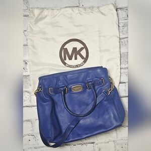 Michael Kors Hamilton Large Leather Satchel Tote Bag Blue Gold Chain